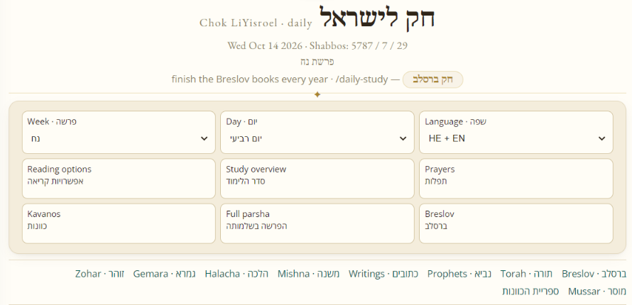 The Noach readings on AJEW: choose the week, day and language, with reading options, study overview, prayers, study intentions, the full weekly portion and Breslov teachings close at hand.